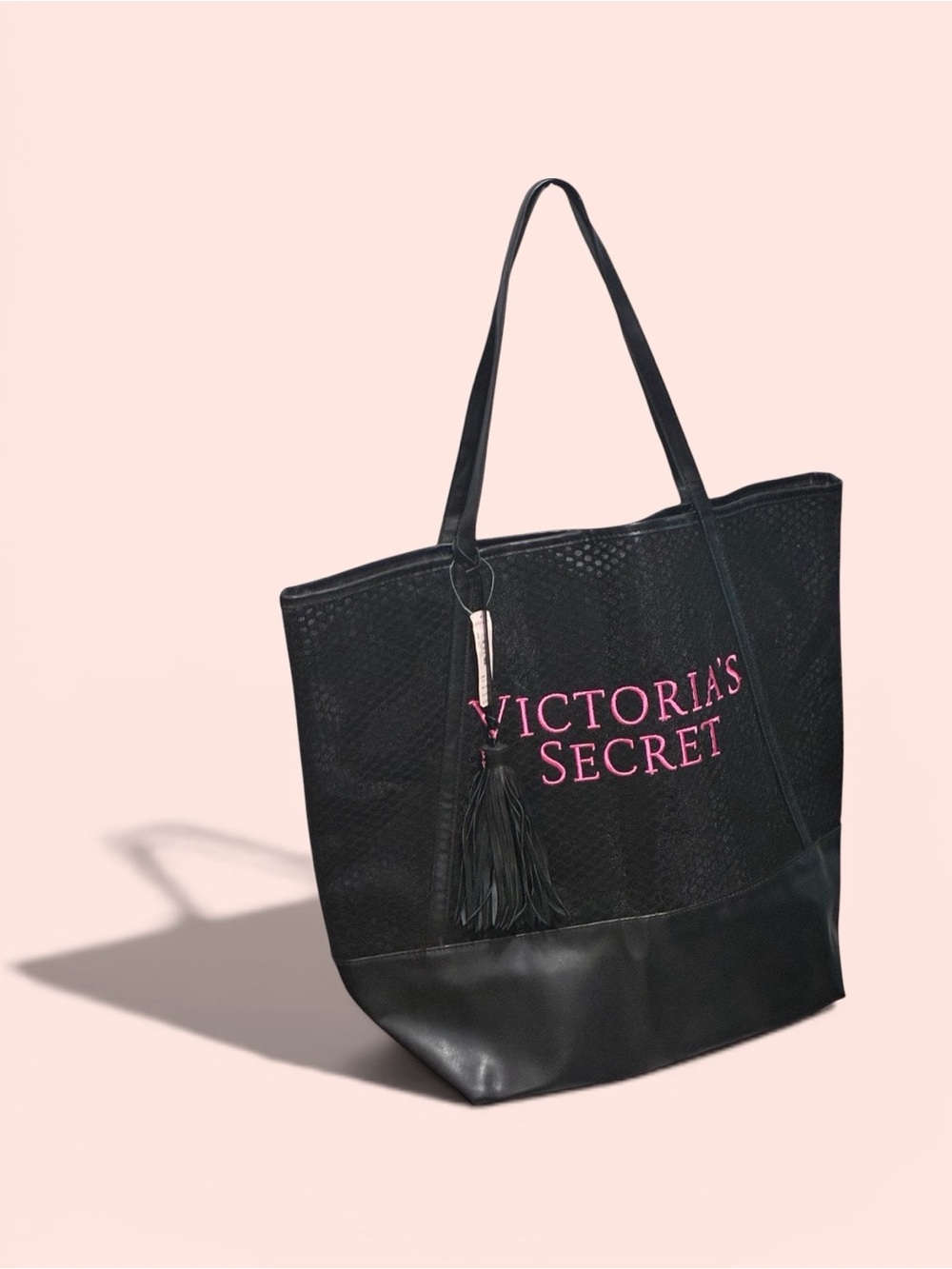 Victoria's Secret Black Mesh Tote Bag with Pink Logo & Tassel NWT